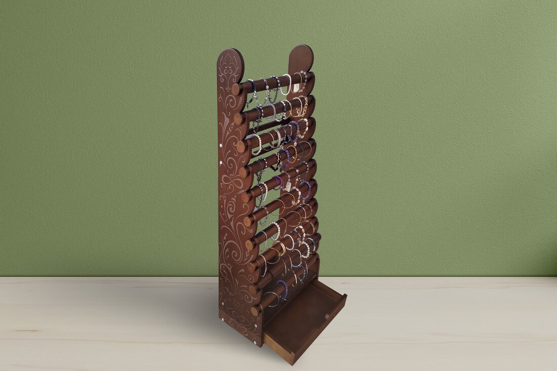 Dark wood 10-tier bracelet display with drawer
